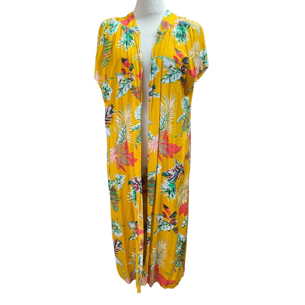NWT UMGEE Yellow Tropical Print Kimono Duster Short Sleeve Cardigan Small